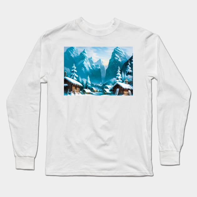 Winter Scene of Cabins in a Village Long Sleeve T-Shirt by CursedContent